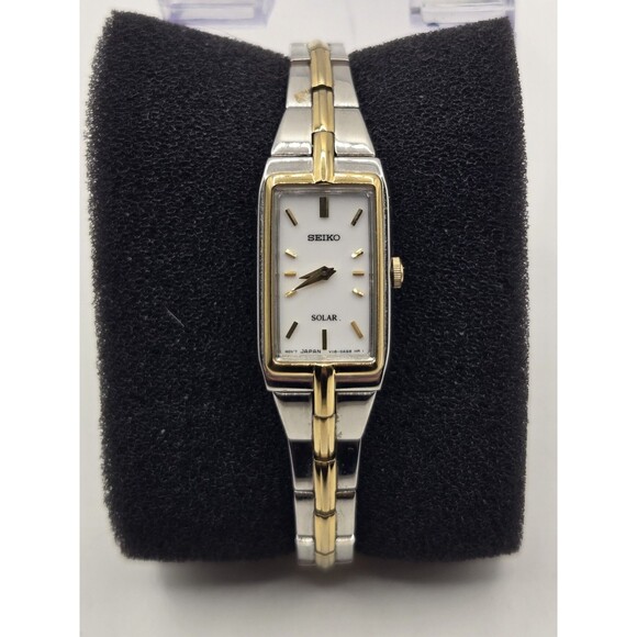 Seiko Solar Tank Ladies' 15mm Watch White Dial Two Tone V116-0Ah0. Runs Well. 6" - Picture 1 of 9
